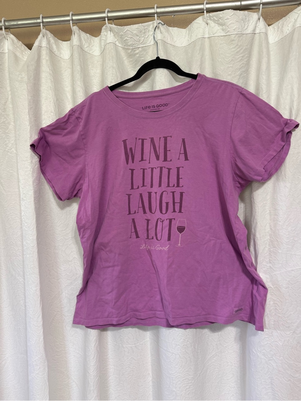 Life Is Good Women's Purple Graphic Tee - 'Wine a Little, Laugh a Lot'